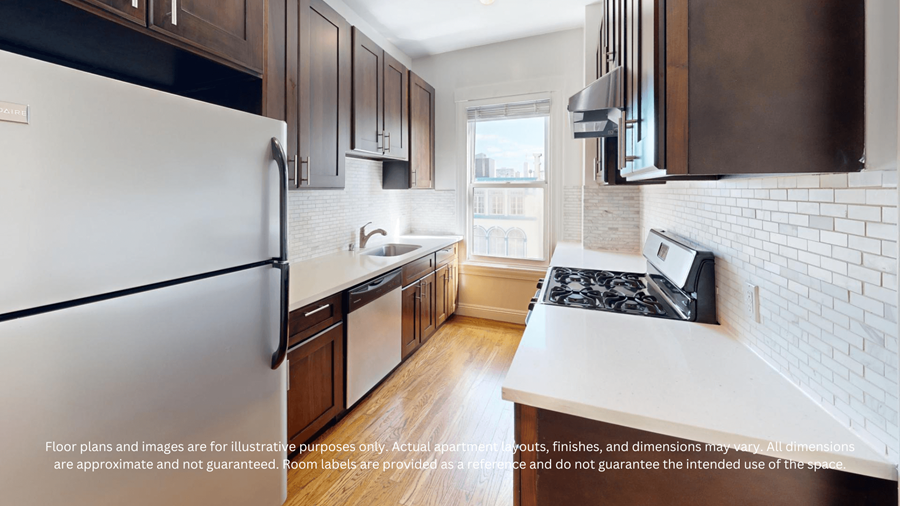 A kitchen with a white refrigerator and wooden cabinets.